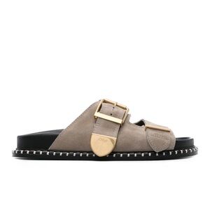 Chloe Taupe Grey Suede Dual-Buckle Sandals